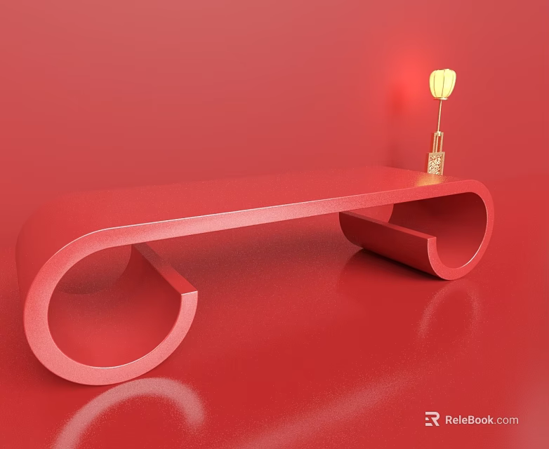 Red Swing Door With Curved Ring Design And Lantern Decoration On Red Background 3d model 