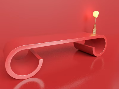 Red Swing Door With Curved Ring Design And Lantern Decoration On Red Background 3d model