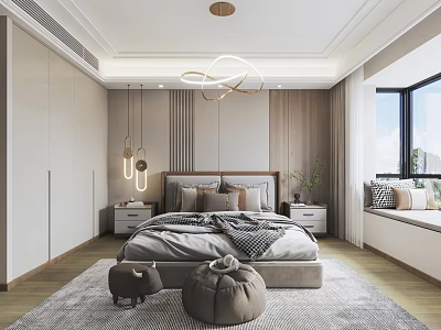 Modern Bedroom Interior Design With Wooden Nightstands Bed Decorative Pillows Pendant Light Rug And Window 3d model