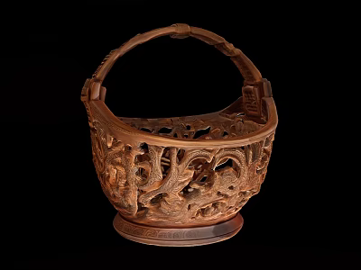 Decorative Ornament Set Featuring Wooden Carved Basket With Intricate Hollow Patterns And Base 3d model
