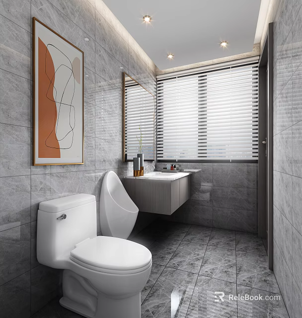 Modern Bathroom Interior with Gray Stone Walls White Toilet Urinal Vanity Blinds and Abstract Painting 3d model 