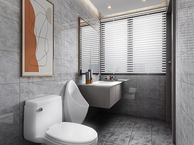 Modern Bathroom Interior with Gray Stone Walls White Toilet Urinal Vanity Blinds and Abstract Painting 3d model