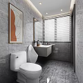 Modern Bathroom Interior with Gray Stone Walls White Toilet Urinal Vanity Blinds and Abstract Painting