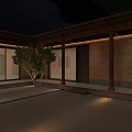 Traditional Garden Landscape at Night With Brick Walls Wooden Structures Glass Doors and Illuminated Tree