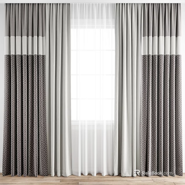 Modern Curtains Design With Patterned Panels And Sheer White Layers 3d model 