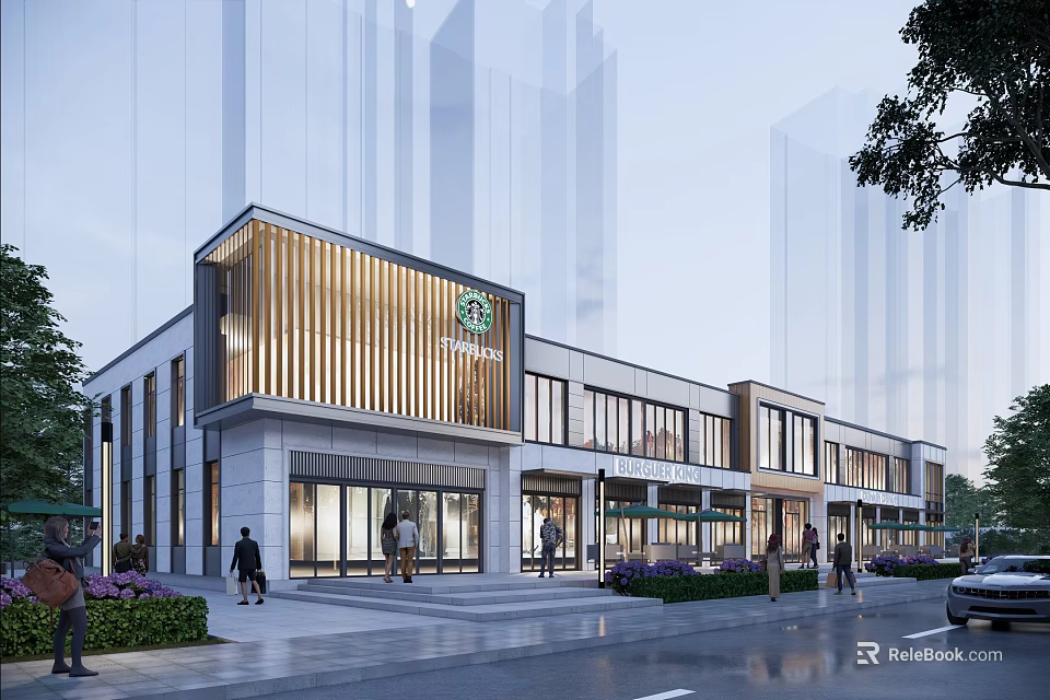 Bustling Modern Commercial Street Featuring Contemporary Architecture Starbucks Shop Pedestrians Lush Greenery And Tall Buildings 3d model 