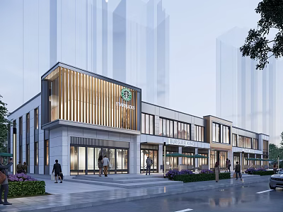 Bustling Modern Commercial Street Featuring Contemporary Architecture Starbucks Shop Pedestrians Lush Greenery And Tall Buildings 3d model