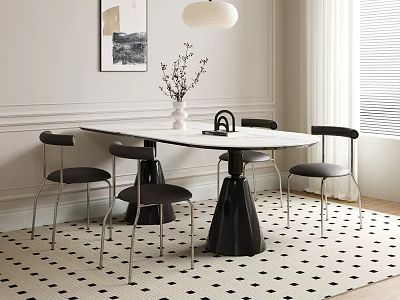 Modern Dining Table Set White Tabletop Black Base Four Chairs Hanging Lamp Checkered Rug 3d model