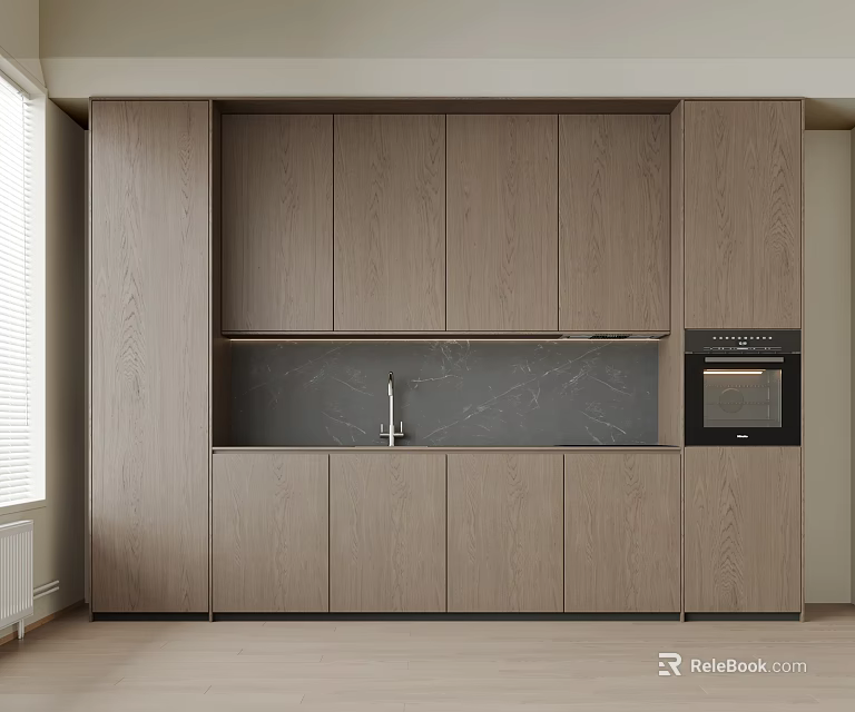 Modern Light Wood Kitchen Cabinets With Black Countertop And Built in Oven 3d model 