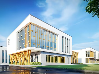 Modern School Building With White Exterior Glass Walls Wooden Decorations Lawn Road Under Blue Sky 3d model