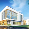 Modern School Building With White Exterior Glass Walls Wooden Decorations Lawn Road Under Blue Sky