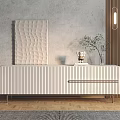 Modern White Striped TV Stand With Wooden Accent And Gray Wall Decor