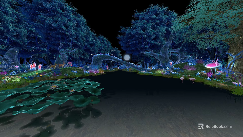 Mystical Night Forest Scenery With Calm Lotus Pond Bright Full Moon And Lush Glowing Trees 3d model 