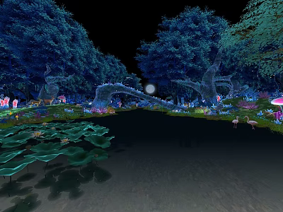 Mystical Night Forest Scenery With Calm Lotus Pond Bright Full Moon And Lush Glowing Trees 3d model