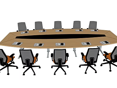 Oval Wooden Conference Table With Ergonomic Chairs And Documents On Surface 3d model