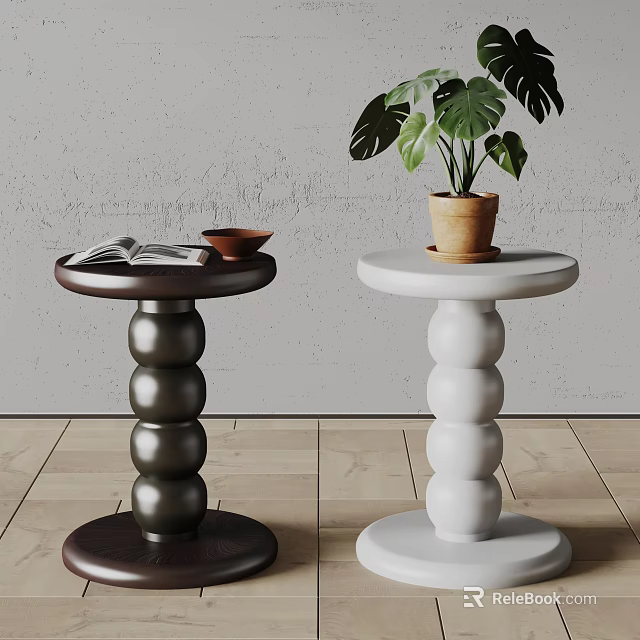Dark And White Side Tables With Rounded Layered Design Magazine Bowl And Potted Plant 3d model 