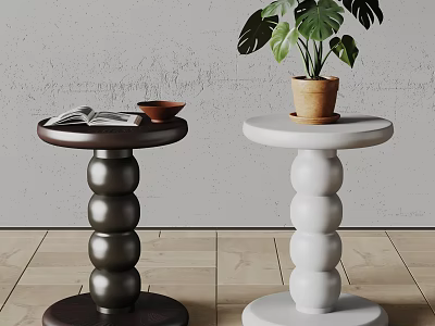 Dark And White Side Tables With Rounded Layered Design Magazine Bowl And Potted Plant 3d model