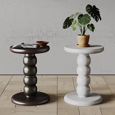 Dark And White Side Tables With Rounded Layered Design Magazine Bowl And Potted Plant 3d model