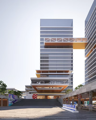 Modern High Rise Office Building With Glass Curtain Walls Connecting Bridge And Lower Level Design 3d model