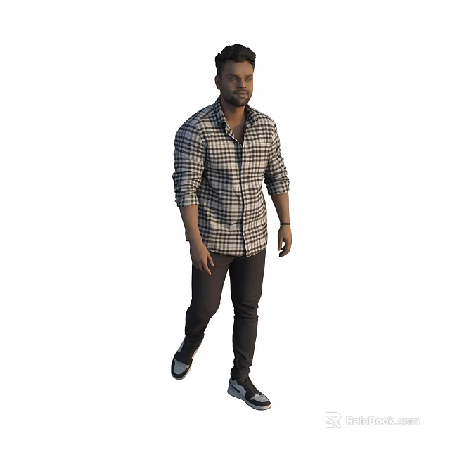 A Man Wearing Long Sleeved Plaid Shirt And Dark Pants Walking Casually 3d model 