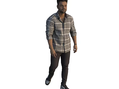 A Man Wearing Long Sleeved Plaid Shirt And Dark Pants Walking Casually 3d model