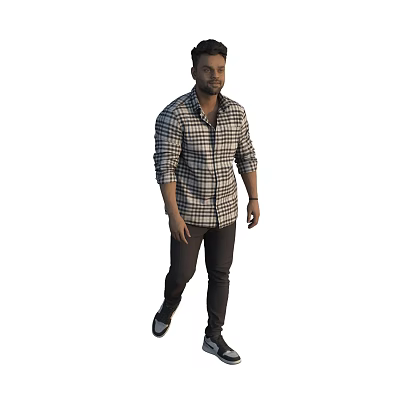 A Man Wearing Long Sleeved Plaid Shirt And Dark Pants Walking Casually 3d model