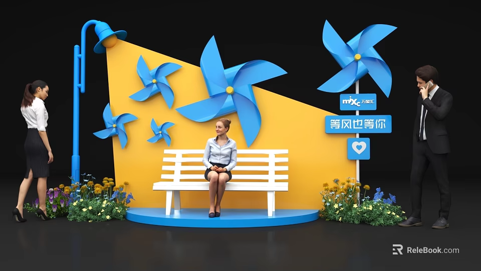 Scenic Photo Check-in Spot with Blue Windmills Yellow Wall White Bench and Flowers 3d model 