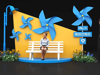 Scenic Photo Check-in Spot with Blue Windmills Yellow Wall White Bench and Flowers 3d model