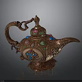 Ornate Copper Genie Lamp With Colorful Gemstones And Intricate Carvings