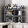 Practical Kitchen Shelf Organizing Cooking Utensils Plates Bowls Toaster Microwave And Red Cabinets