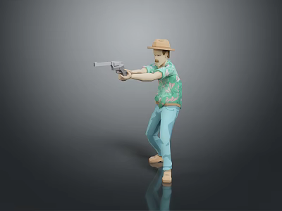 Character Wearing Straw Hat Green Floral Shirt Light Blue Pants Holding Gun In Shooting Pose 3d model
