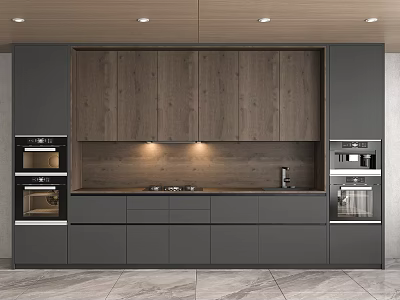 Modern Kitchen Interior With Dark Cabinets Wooden Upper Cabinets And Built-in Appliances 3d model