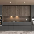 Modern Kitchen Interior With Dark Cabinets Wooden Upper Cabinets And Built-in Appliances