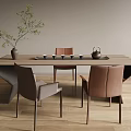 Modern Tea Table and Chairs with Wooden Top Leather Seats and Green Plant Decor