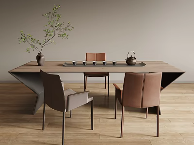 Modern Tea Table and Chairs with Wooden Top Leather Seats and Green Plant Decor 3d model