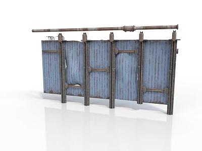 Weathered Blue Wooden Fence With Metal Brackets And Crossbar 3d model