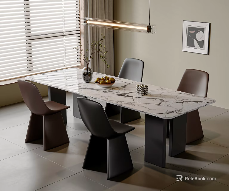 Modern Dining Table Set with Marble Top Brown Black Chairs Vase Fruit Bowl Pendant Light 3d model 