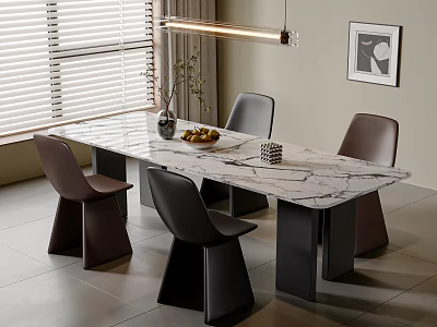 Modern Dining Table Set with Marble Top Brown Black Chairs Vase Fruit Bowl Pendant Light 3d model