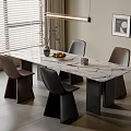 Modern Dining Table Set with Marble Top Brown Black Chairs Vase Fruit Bowl Pendant Light