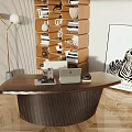 Modern Dark Curved Desk In Study Room With Wooden Bookshelf Books Decorations And Potted Plant