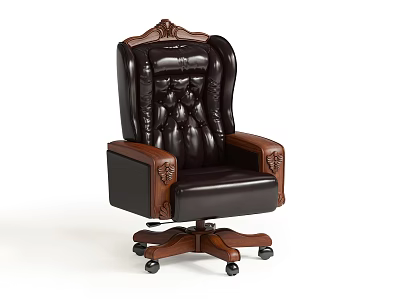 Luxury Leather Office Chair with Carved Wooden Armrests and Padded Swivel Base for Comfort 3d model