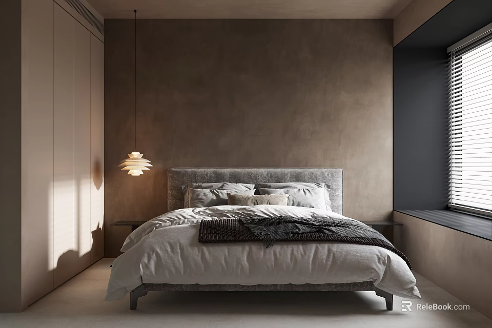 Modern Bedroom Interior with Grey Headboard White Bedding Hanging Lamp Brown Walls Wardrobe and Blinds 3d model 