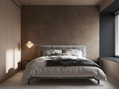 Modern Bedroom Interior with Grey Headboard White Bedding Hanging Lamp Brown Walls Wardrobe and Blinds 3d model