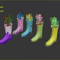 Colorful Rain Boots Used As Planters With Green Plants For Home Decoration