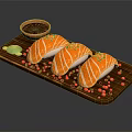 Fresh Salmon Sushi Served on Wooden Platter with Soy Sauce Wasabi and Colorful Garnishes