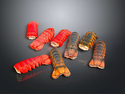 Multiple Red And Black Lobster Tails Arranged On Black Background 3d model