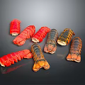 Multiple Red And Black Lobster Tails Arranged On Black Background 3d model