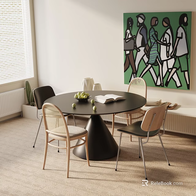 Modern Dining Set with Black Round Table Mixed Chairs Fruits Open Book Abstract Painting 3d model 