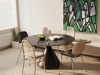 Modern Dining Set with Black Round Table Mixed Chairs Fruits Open Book Abstract Painting 3d model