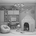 Starry Theme Kids Room with Play Tent Shelves Bean Bag Chair Chandelier and Toys Rug